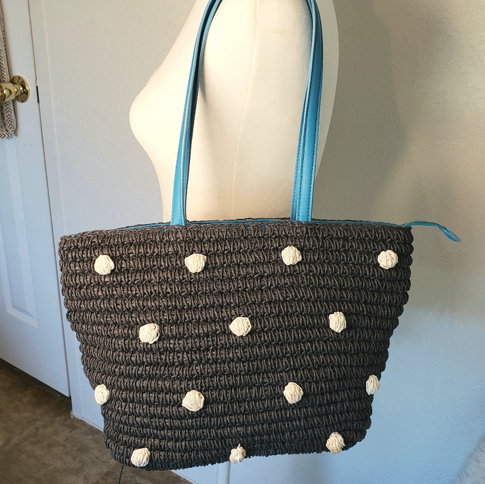 Talbots Polka Dot Purse Navy/Teal Straw/faux leath